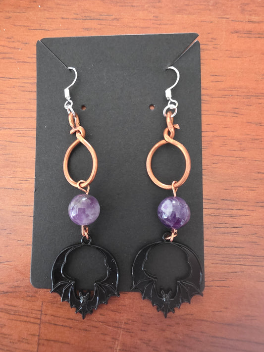 Long earrings with copper, Amethyst beads and black bat.