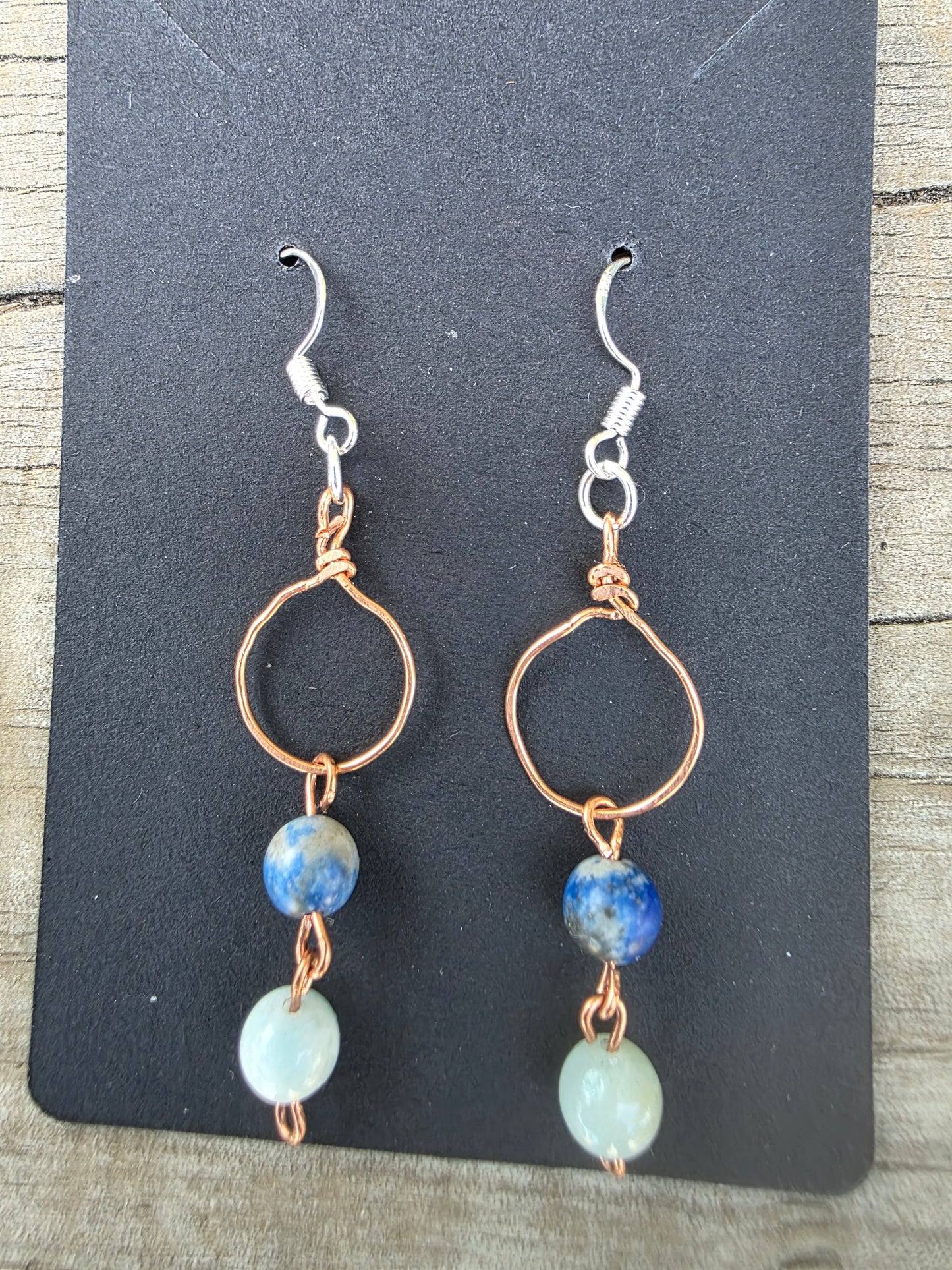 Copper earrings with sodalite and jade